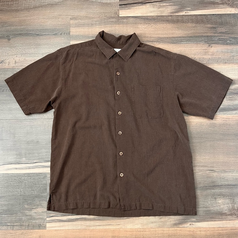 Vintage Half Moon Bay Men's Brown Silk Palm Tree Button Down Shirt Size Large